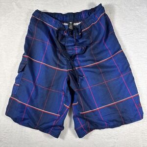 OP Men's Medium 32-34 Blue Red Windowpane Swim Trunks Long Board Shorts